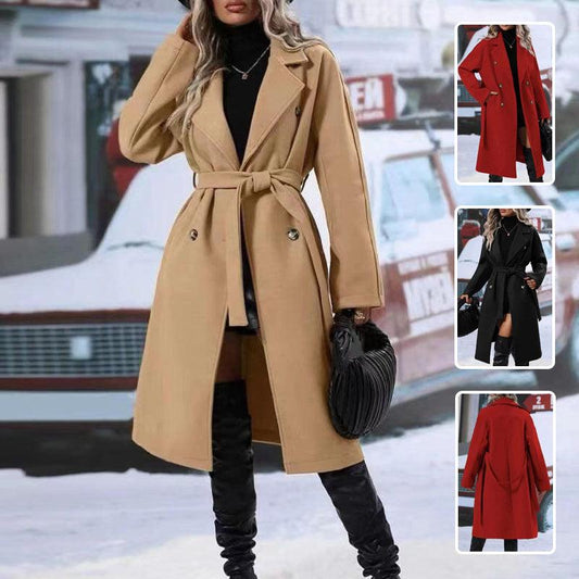 Stevvex Winter Trench Coat camel belt, double-breasted notched lapels, long coat, 4-color set on Tampa Home & Garden Store