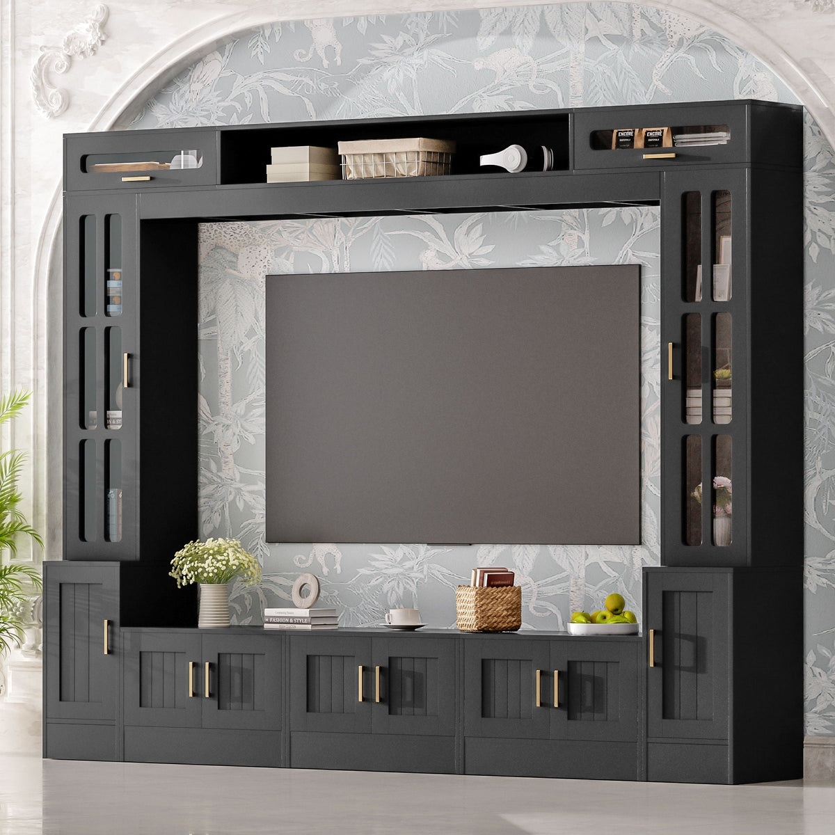 HouseOfZazla wall unit entertainment center in dark gray with glass doors and gold handles on Tampa Home & Garden Store