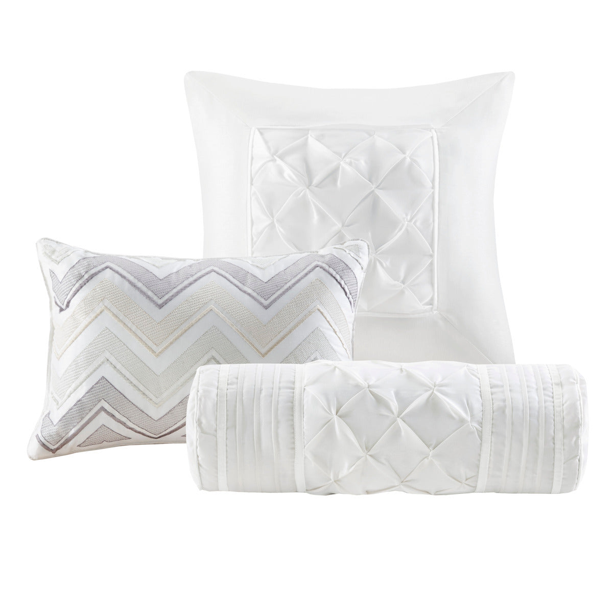 7-Piece Tufted Comforter Set White quilted with tufted squares includes bolster and chevron pillow on Tampa Home & Garden Store