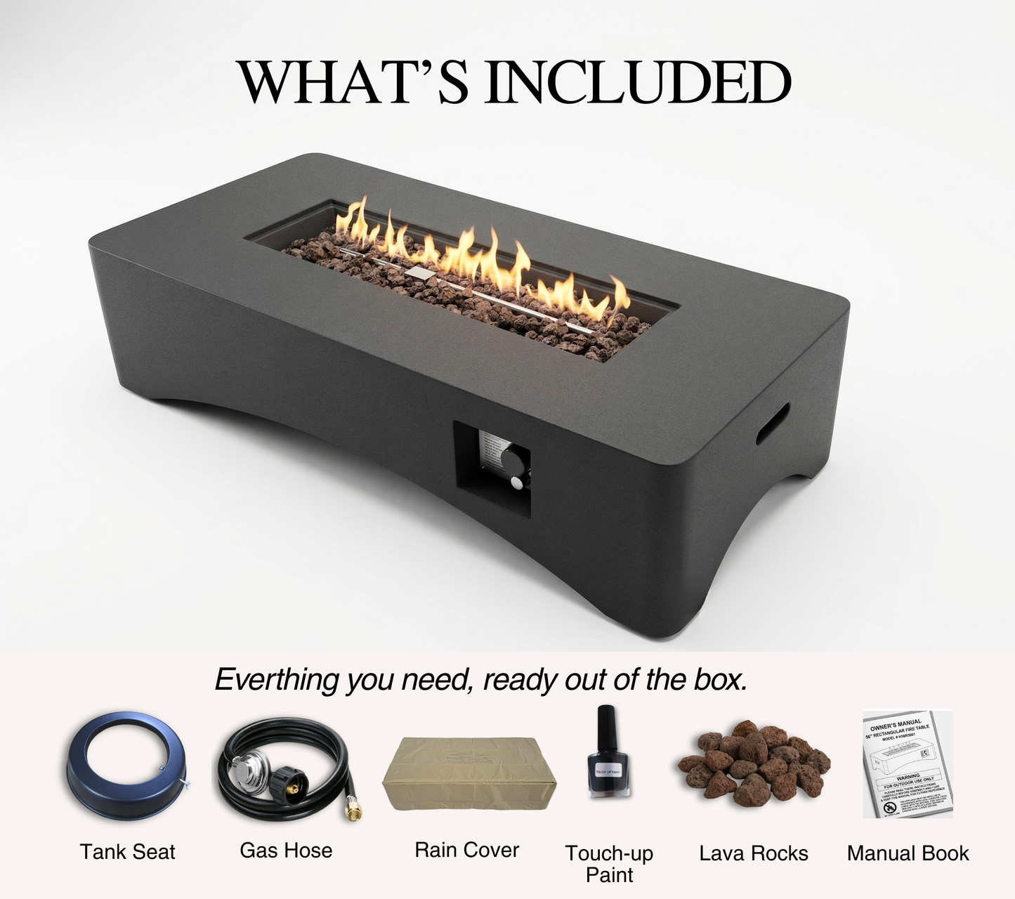 56-inch propane fire pit table by HouseOfZazla dark gray with lava rocks on Tampa Home & Garden Store