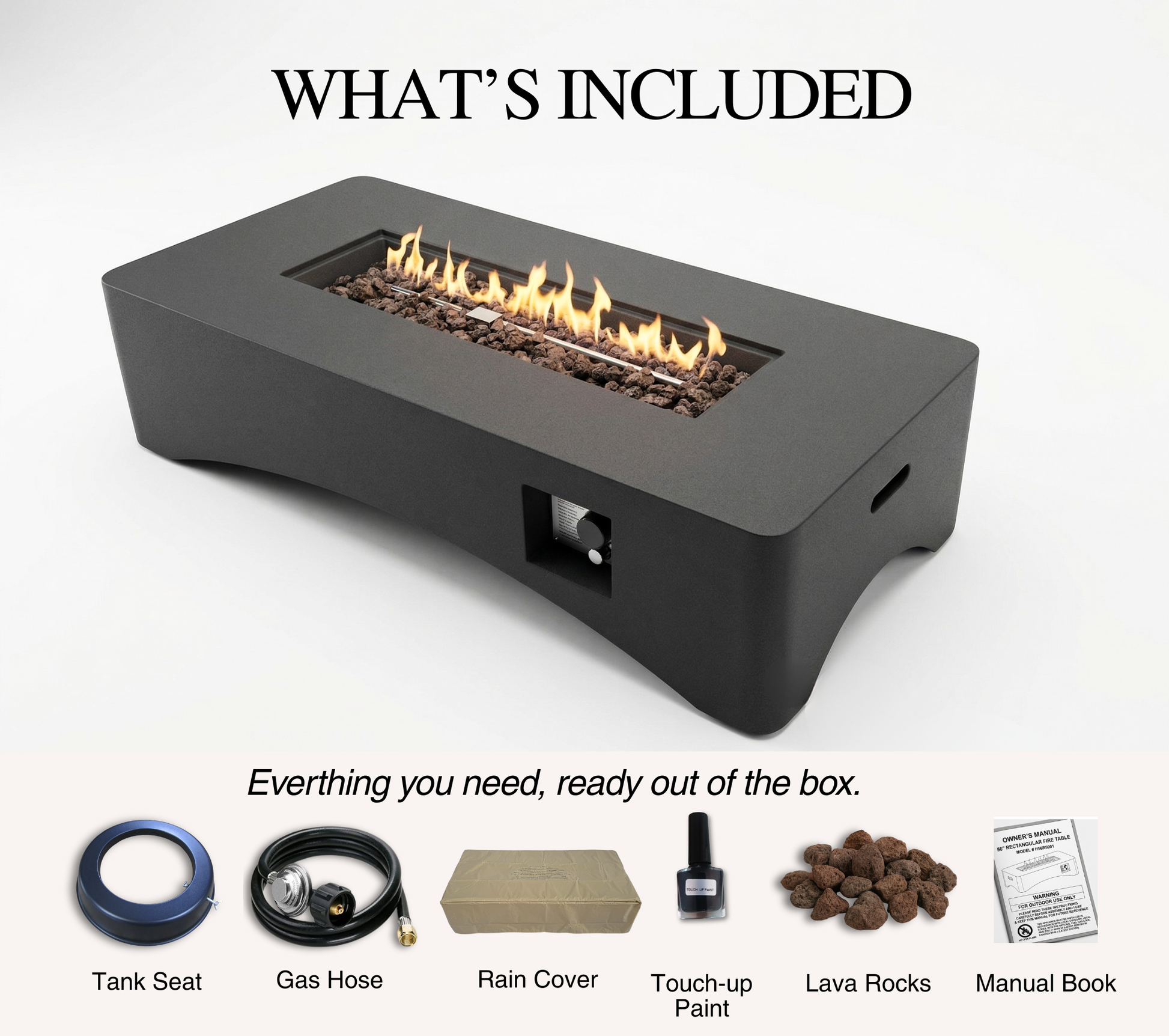 56-inch propane fire pit table by HouseOfZazla dark gray with lava rocks on Tampa Home & Garden Store