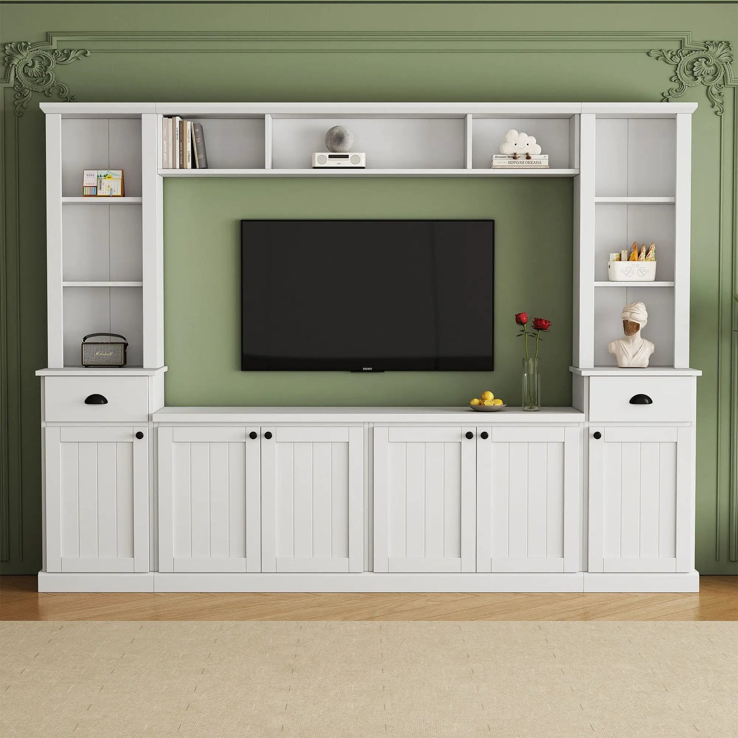 White minimalist entertainment wall unit with bridge shelves for 75in TV Unique Piece Furniture on Tampa Home & Garden Store
