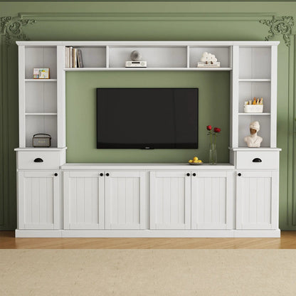 White minimalist entertainment wall unit with bridge shelves for 75in TV Unique Piece Furniture on Tampa Home & Garden Store