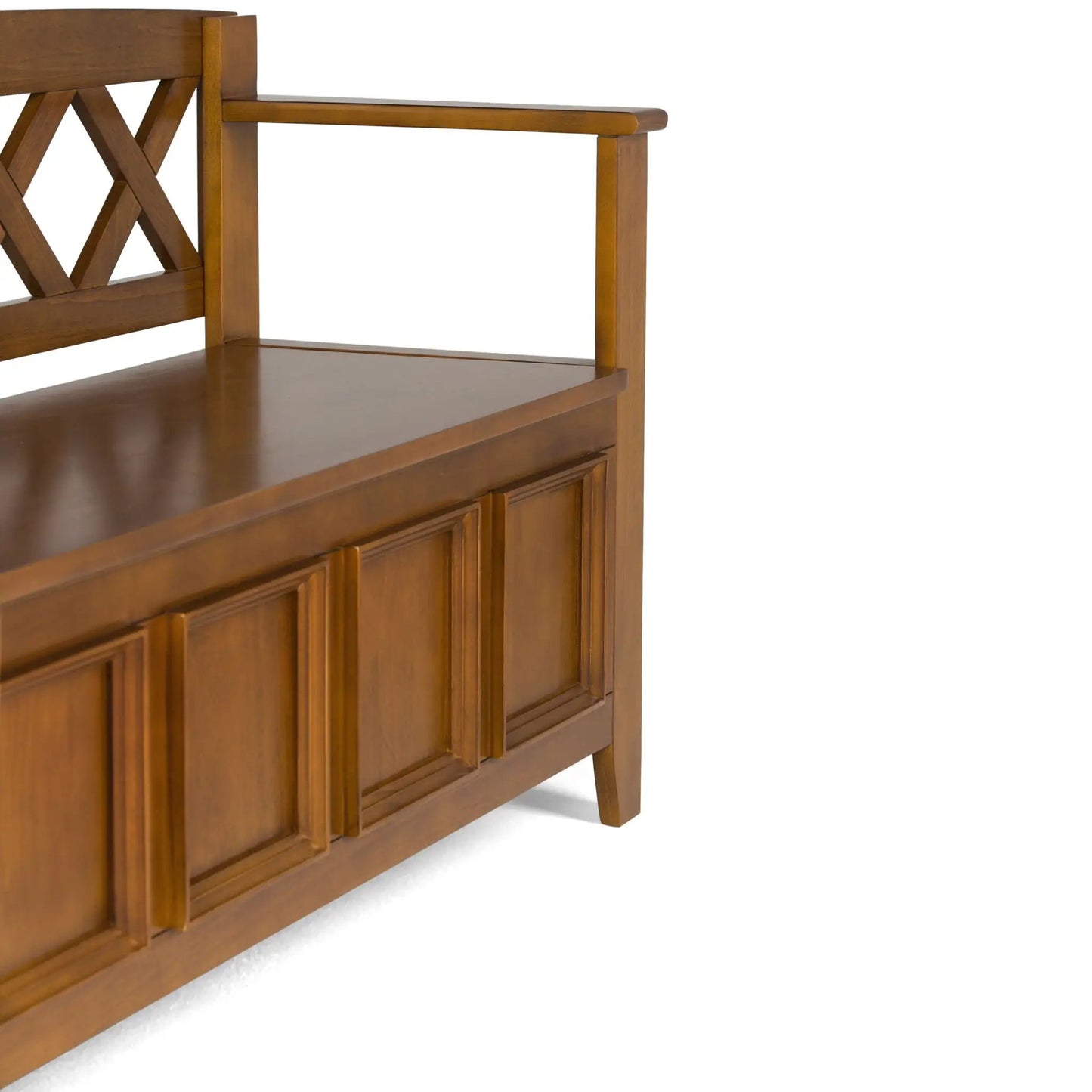Amherst Handcrafted Entryway Storage Bench in warm brown wood with crossback and paneled doors on Tampa Home & Garden Store