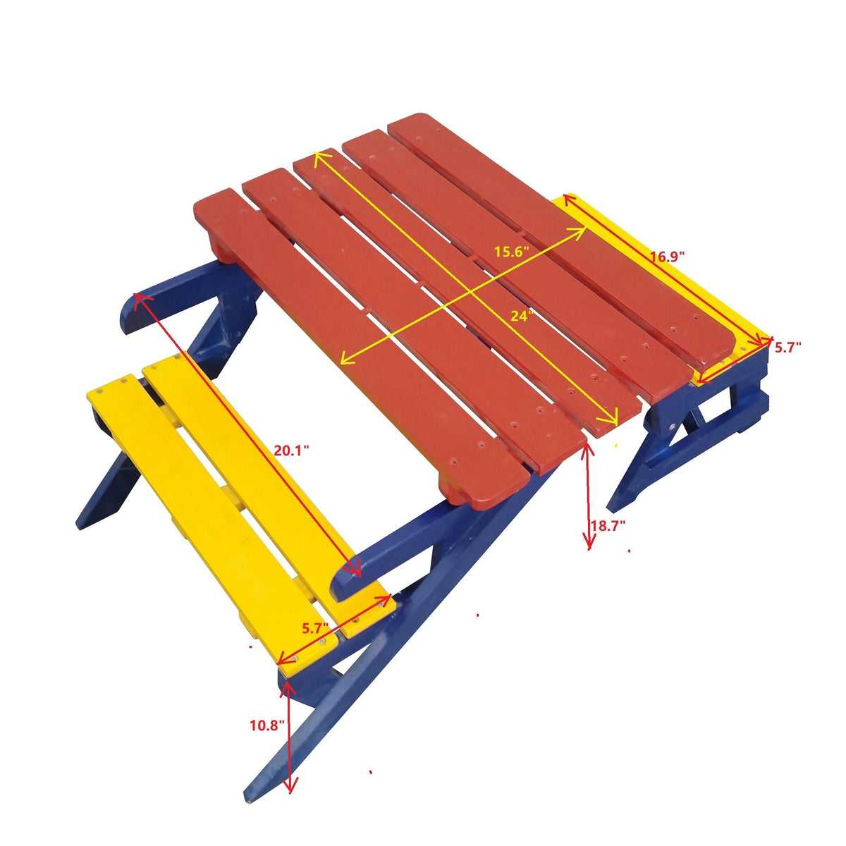 Solid wood kids 3-piece outdoor set with red slats, blue frame, yellow accents on Tampa Home & Garden Store