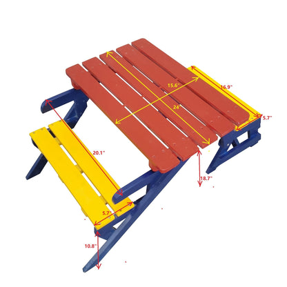 Solid wood kids 3-piece outdoor set with red slats, blue frame, yellow accents on Tampa Home & Garden Store