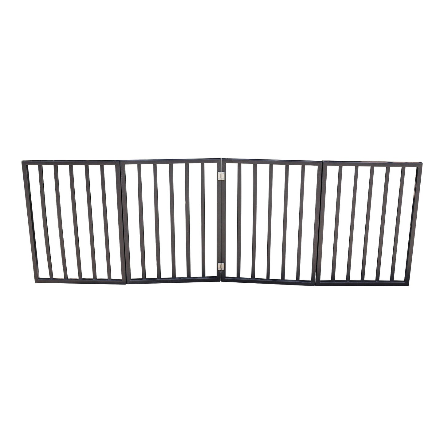 Dark brown metal 3-panel folding pet gate for doorways and stairs, freestanding on Tampa Home & Garden Store