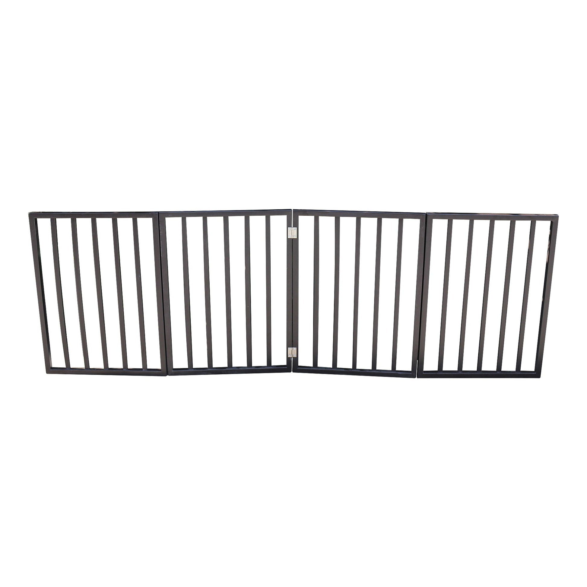 Dark brown metal 3-panel folding pet gate for doorways and stairs, freestanding on Tampa Home & Garden Store