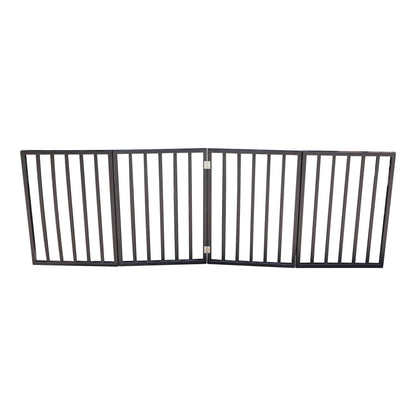 Dark brown metal 3-panel folding pet gate for doorways and stairs, freestanding on Tampa Home & Garden Store