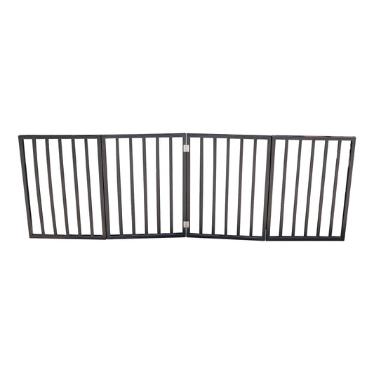 Dark brown metal 3-panel folding pet gate for doorways and stairs, freestanding on Tampa Home & Garden Store