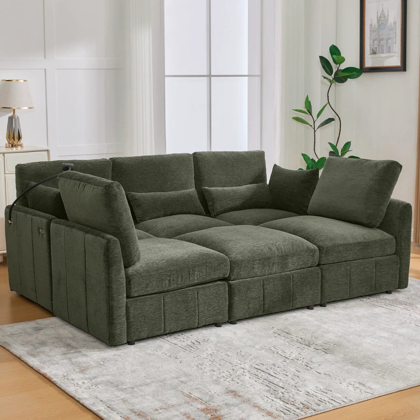 Modular U-shaped sofa bed 2-piece set in dark green fabric with movable ottoman on Tampa Home & Garden Store