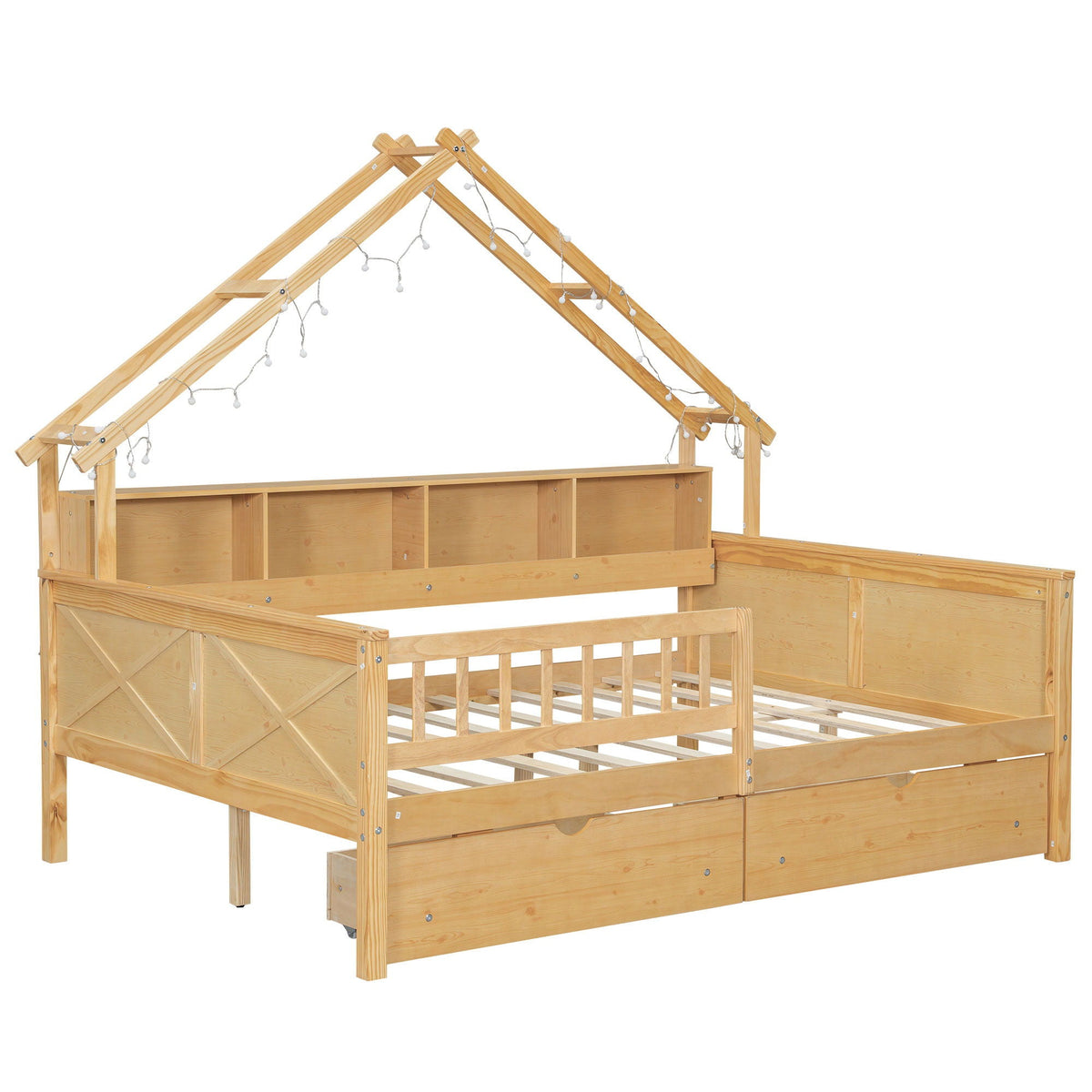 House Style platform bed with LED lights guardrails storage drawers and shelves in natural wood on Tampa Home & Garden Store