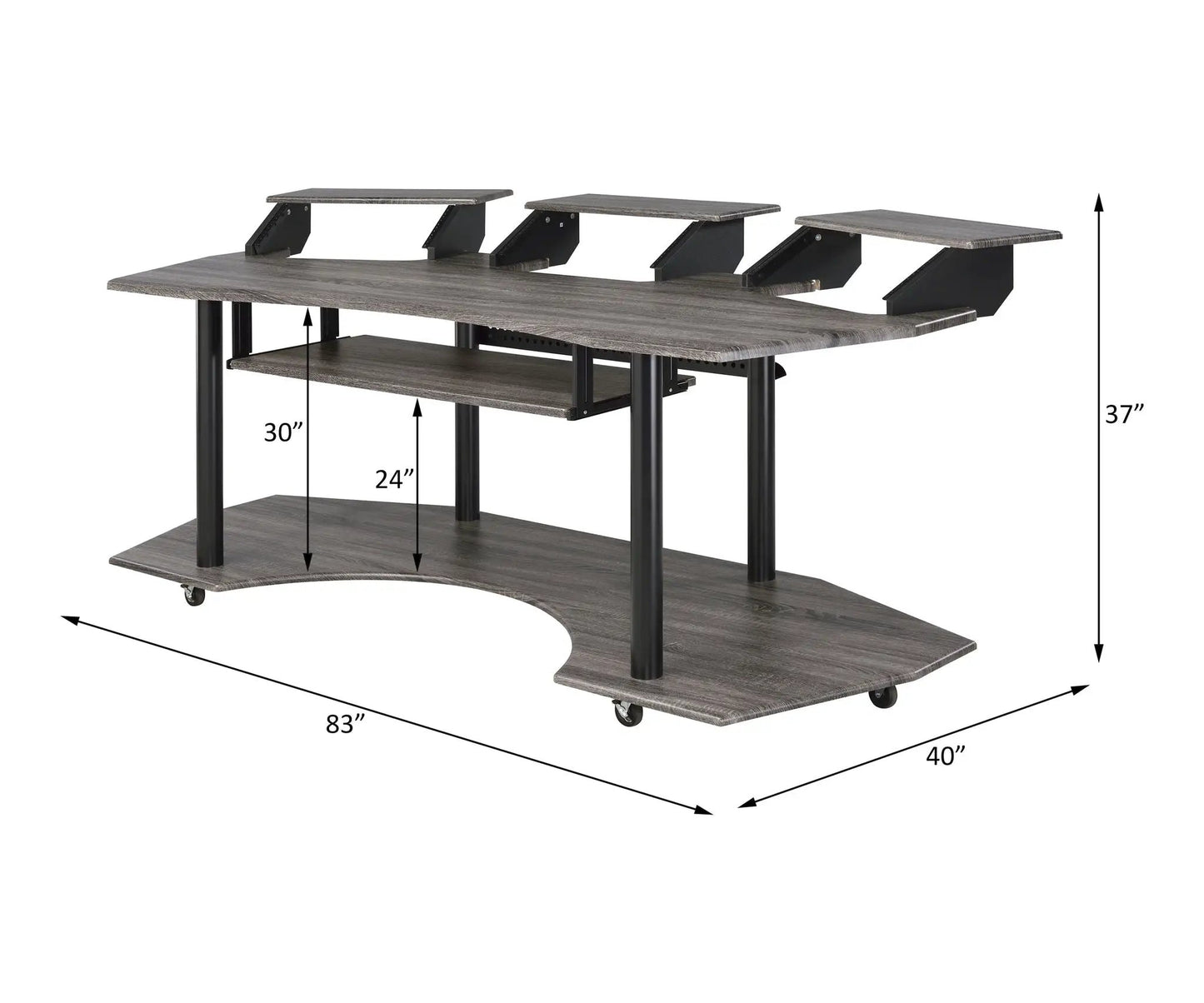 Eleazar gray wood music recording studio desk with three monitor risers and lower shelf on Tampa Home & Garden Store