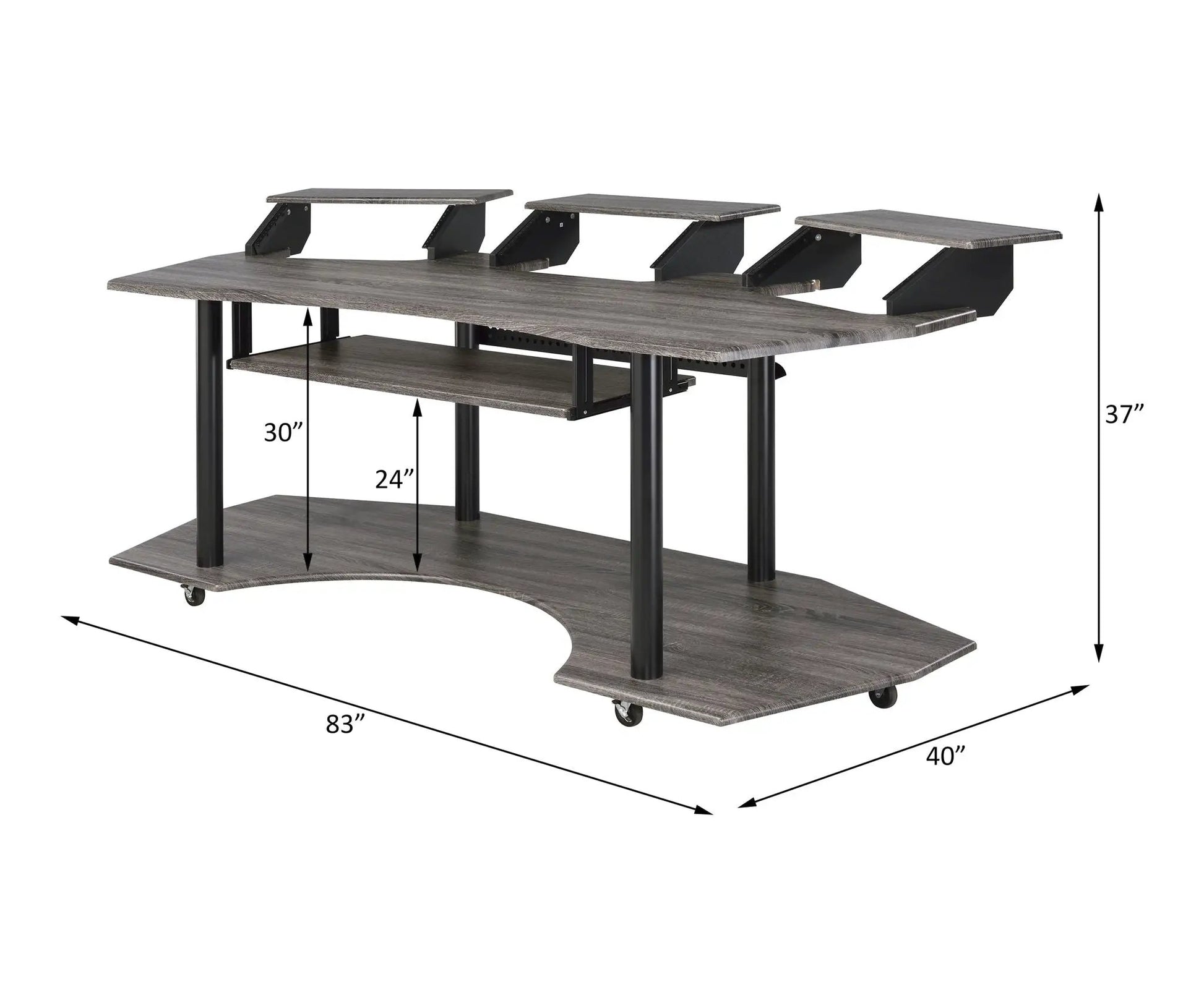 Eleazar gray wood music recording studio desk with three monitor risers and lower shelf on Tampa Home & Garden Store