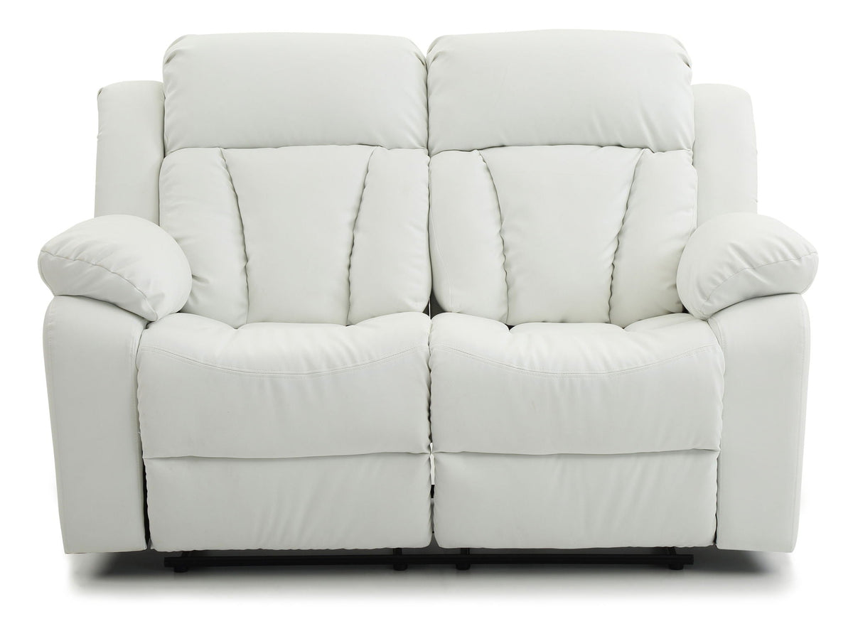 Cozy padded reclining loveseat pale gray upholstery; two-seat with plush arms and sturdy base on Tampa Home & Garden Store