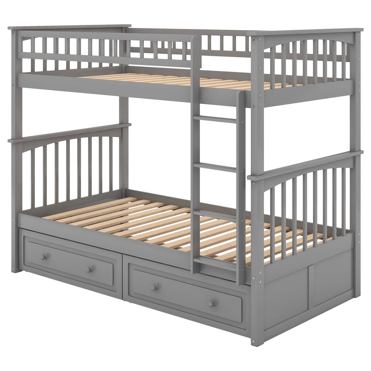 Twin over twin bunk bed with drawers in gray finish, ladder on right, HouseOfZazla on Tampa Home & Garden Store