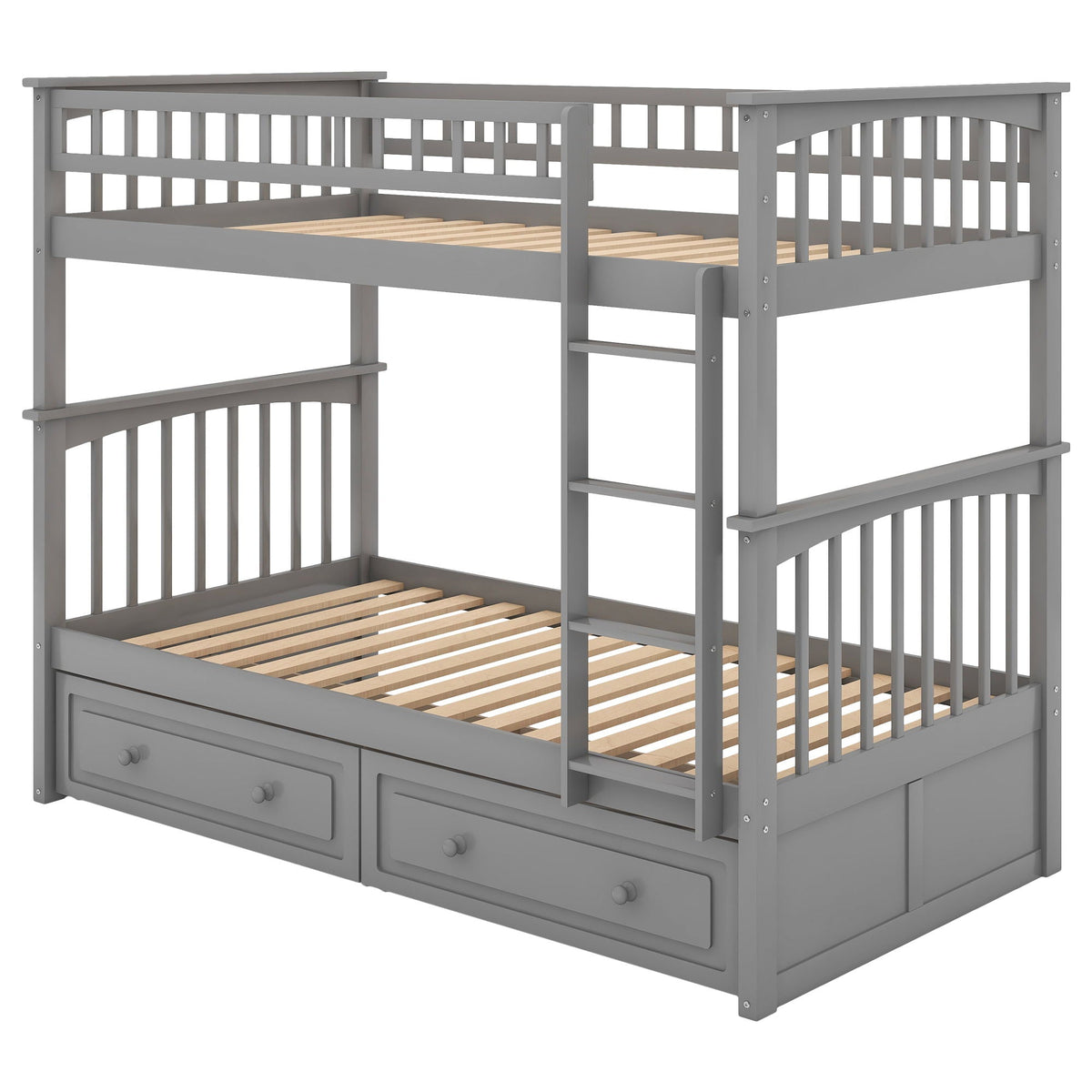 Twin over twin bunk bed with drawers in gray finish, ladder on right, HouseOfZazla on Tampa Home & Garden Store