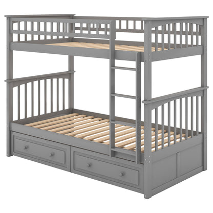 Twin over twin bunk bed with drawers in gray finish, ladder on right, HouseOfZazla on Tampa Home & Garden Store