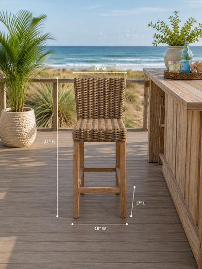 Key Largo Rattan Bar Stool, brown woven wicker with wooden legs, outdoor bar seating on Tampa Home & Garden Store