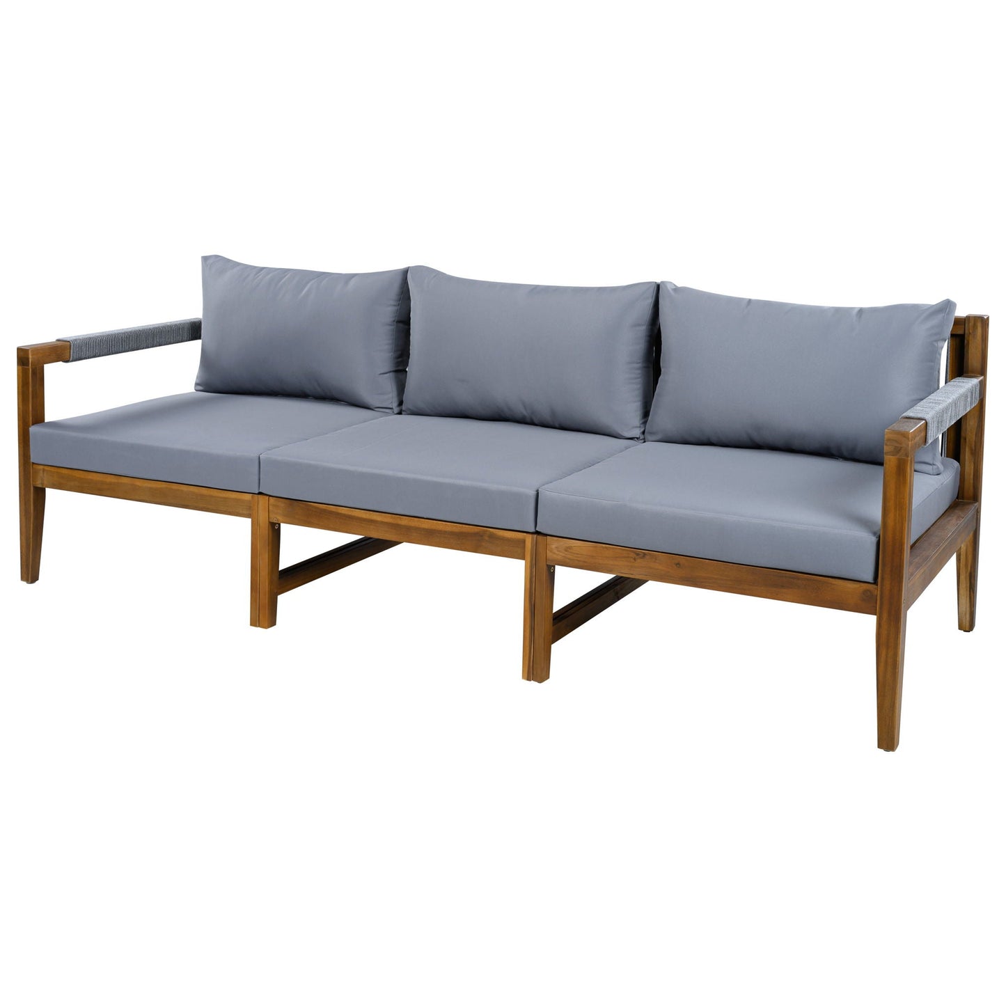 HouseOfZazla 3 Piece Outdoor Sectional Sofa with gray cushions and wooden frame on Tampa Home & Garden Store