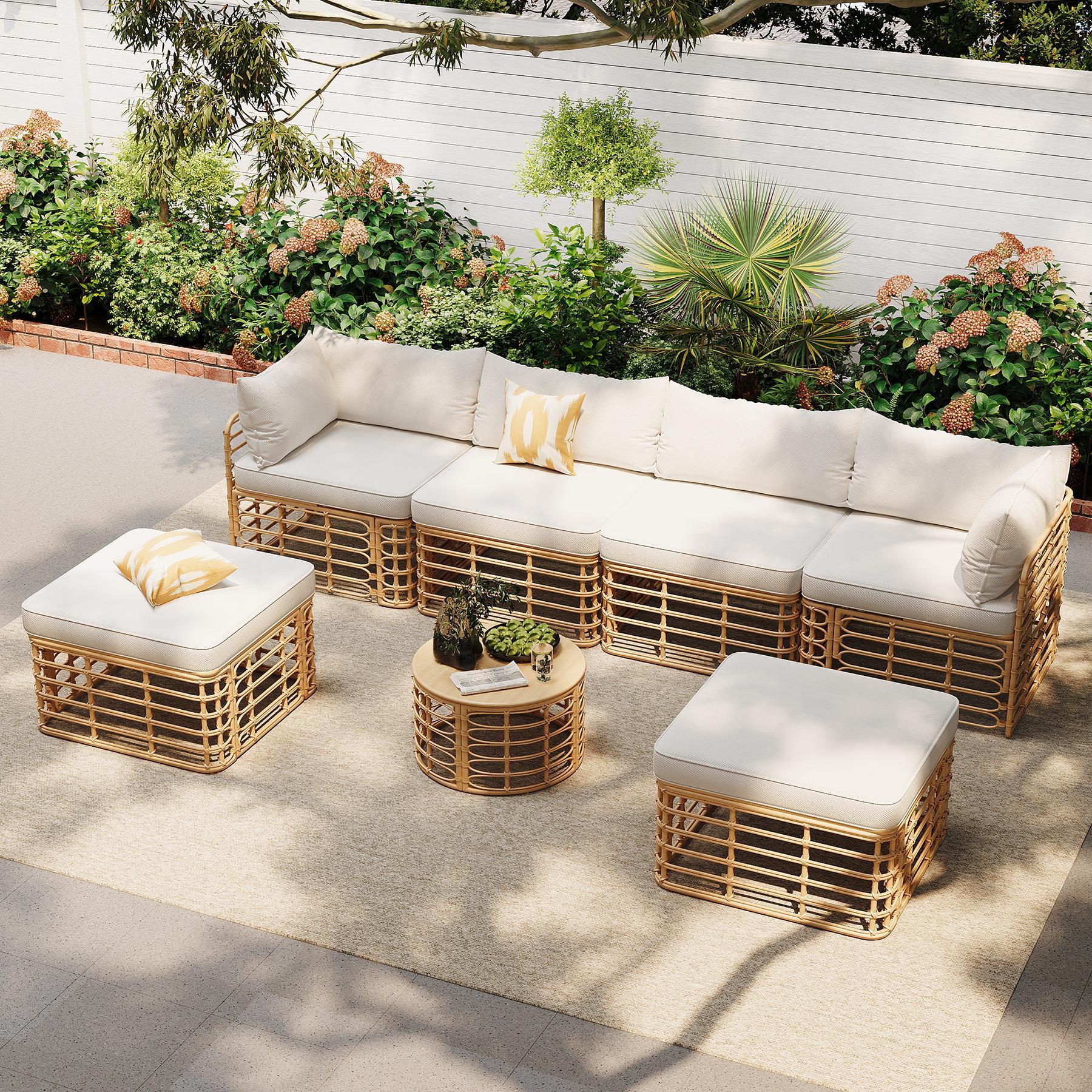 All-Weather 7-Piece Rattan Outdoor Sectional Sofa Set by HouseOfZazla; natural rattan frame with cream cushions on Tampa Home & Garden Store