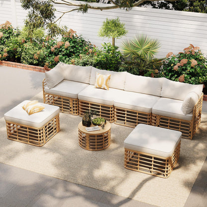 All-Weather 7-Piece Rattan Outdoor Sectional Sofa Set by HouseOfZazla; natural rattan frame with cream cushions on Tampa Home & Garden Store