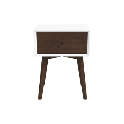 Accent nightstand white frame with dark brown drawer, single round knob, angled wood legs on Tampa Home & Garden Store