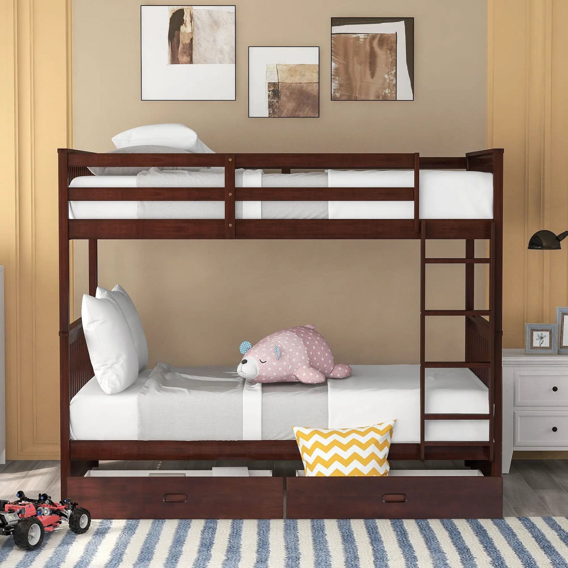 Bunk bed with ladders and 2 storage drawers in dark wood by Unique Piece Furniture on Tampa Home & Garden Store