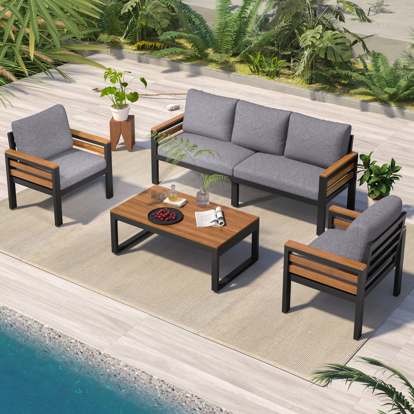GO 4-Piece Outdoor Furniture Sofa Set for 5 People with gray cushions, wooden armrests on Tampa Home & Garden Store