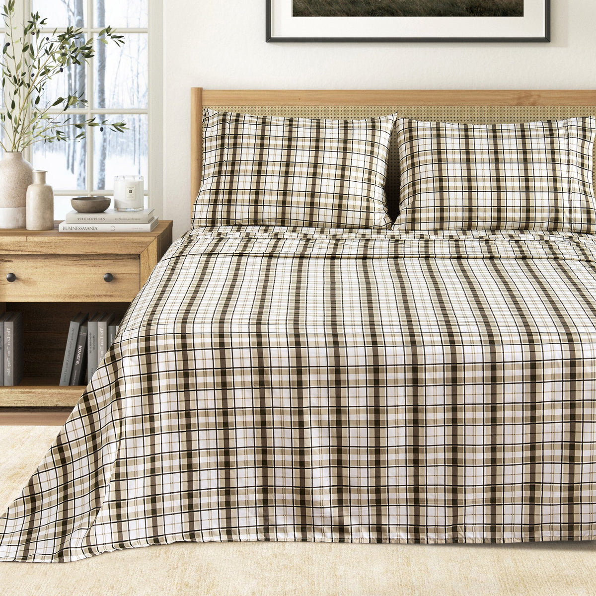 Printed Baylor Collection bed sheets by Great Bay Home in brown plaid with two pillows on Tampa Home & Garden Store