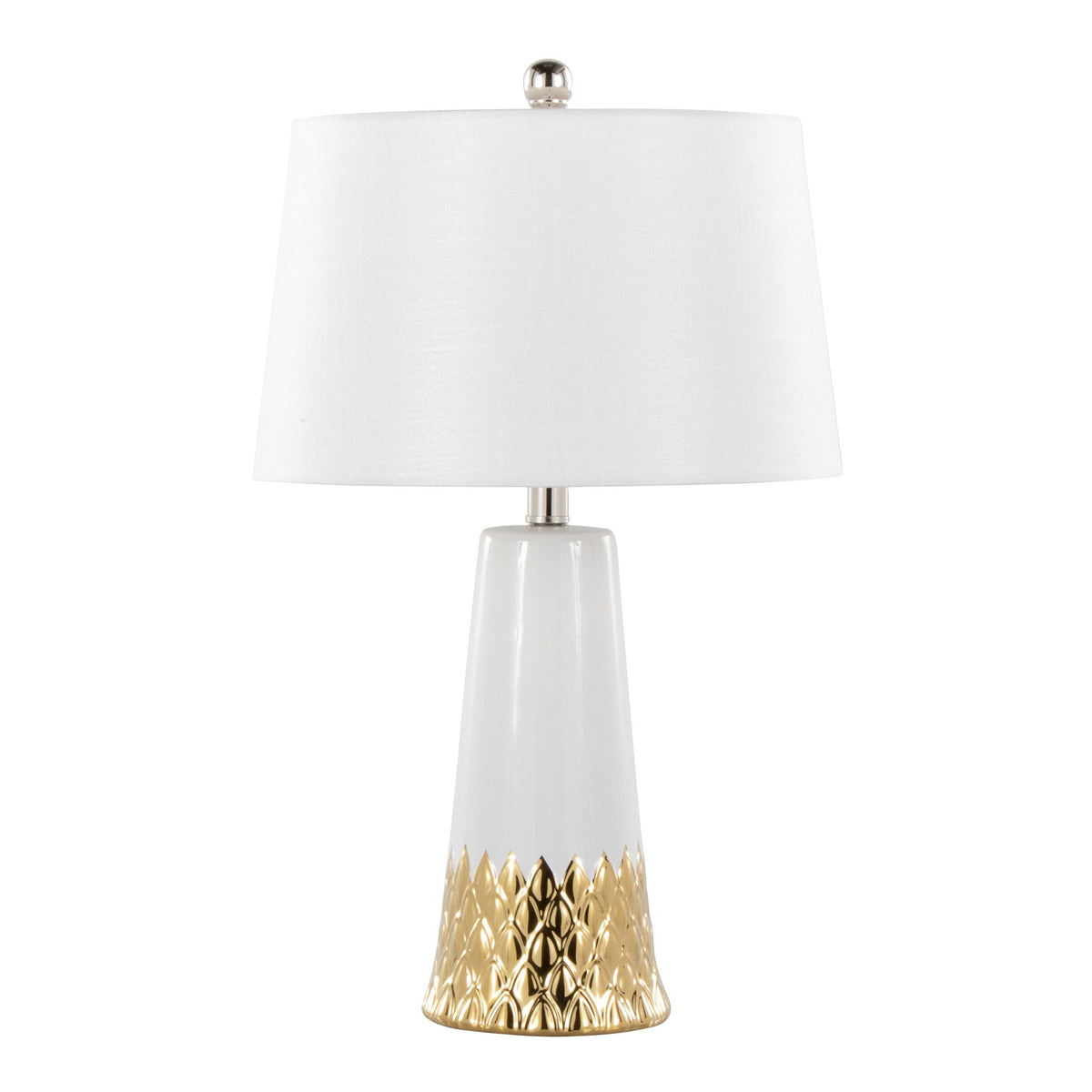 Penelope contemporary table lamp by HouseOfZazla white ceramic base and white fabric shade on Tampa Home & Garden Store