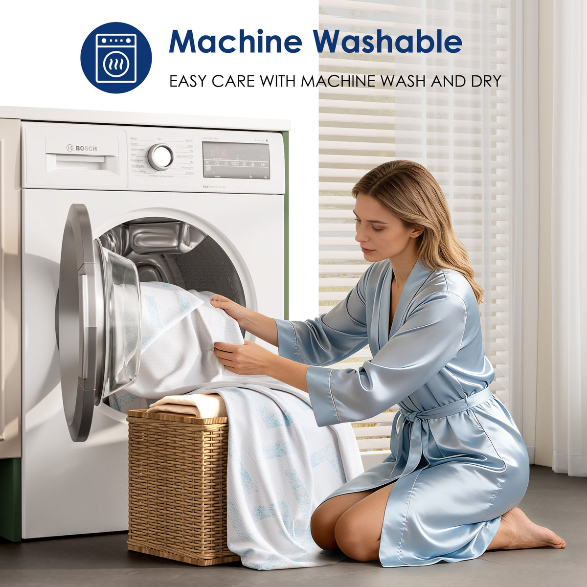 Front-loading Bosch washer with door open; woman loads laundry from a wicker basket on Tampa Home & Garden Store