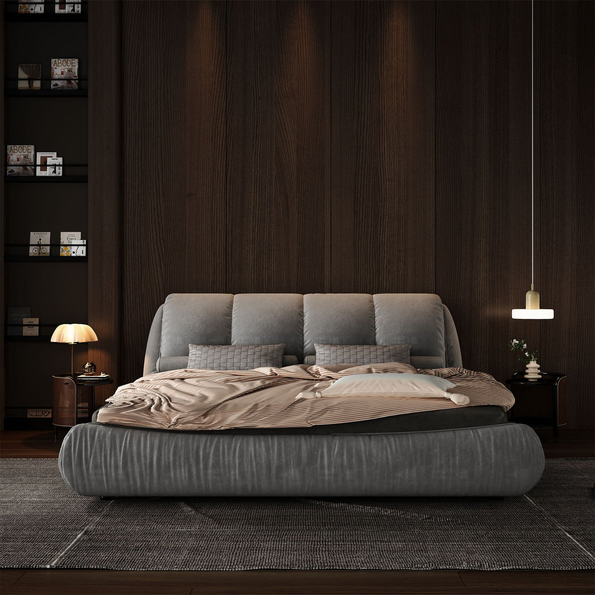 Luxury upholstered platform bed with padded backrest in gray fabric and solid wood frame on Tampa Home & Garden Store