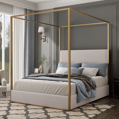 Luxury Canopy Bed by HouseOfZazla with gold frame and upholstered headboard, gray bedding on Tampa Home & Garden Store