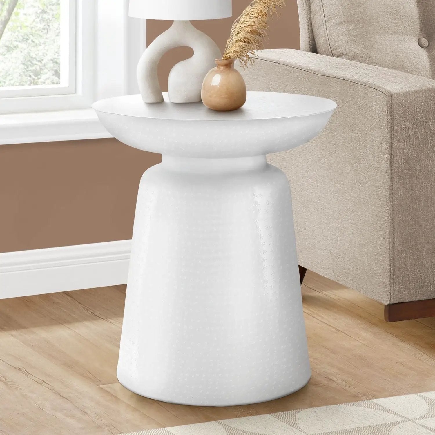Drum Accent Side Table white hammered texture with pedestal base tan vase on Tampa Home & Garden Store