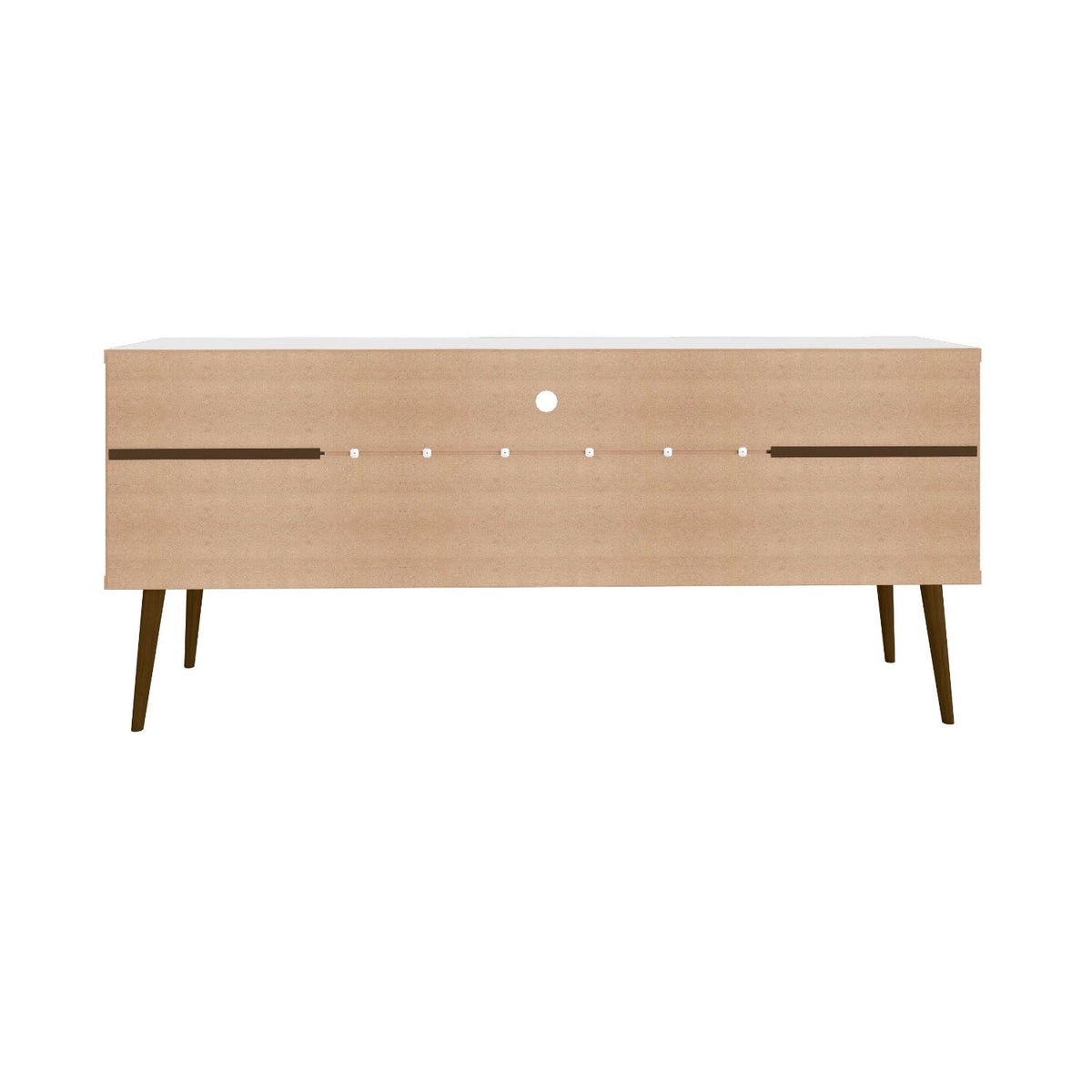 Bradley Modern TV Stand natural wood finish with white top, cable management hole, angled legs on Tampa Home & Garden Store