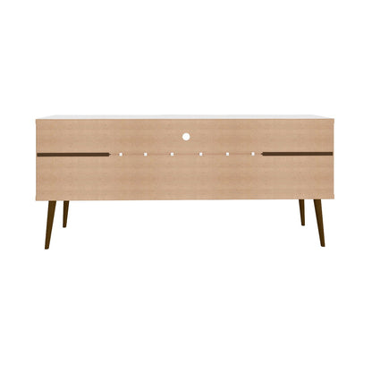 Bradley Modern TV Stand natural wood finish with white top, cable management hole, angled legs on Tampa Home & Garden Store