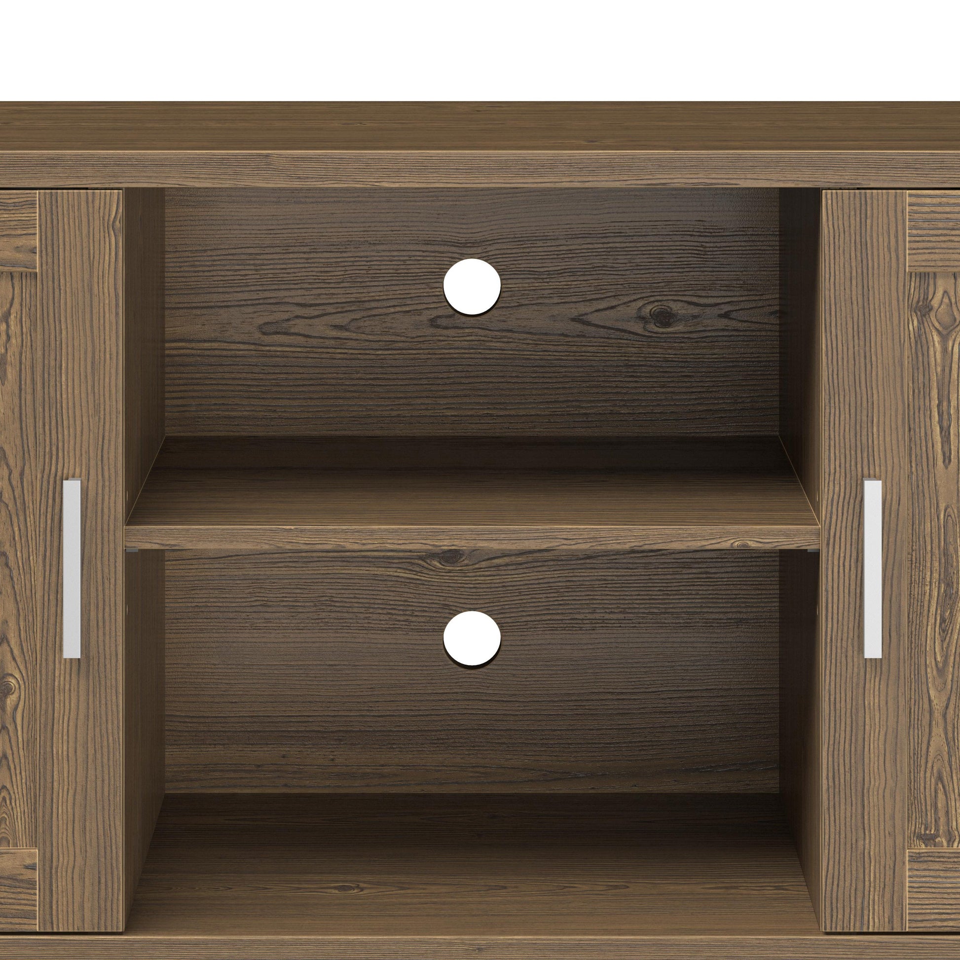 Modern 60 inch TV stand HouseOfZazla in classic walnut finish with cable hole and open center shelf on Tampa Home & Garden Store