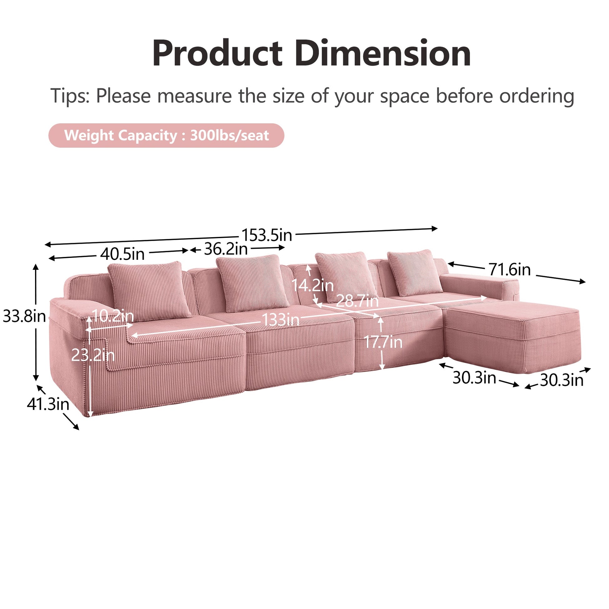 Modular 4-seat L-shaped sofa by HouseOfZazla in blush pink corduroy with tufted cushions on Tampa Home & Garden Store