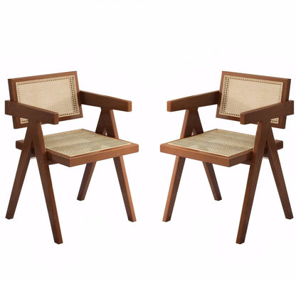 Modern Mid Century Dining Chairs Set of 2 in walnut wood with caned seats and backs and armrests on Tampa Home & Garden Store