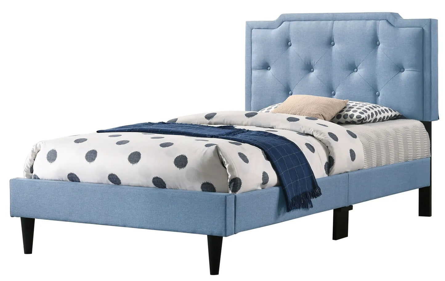 Blue button-tufted upholstered bed with tall headboard and black tapered legs on Tampa Home & Garden Store