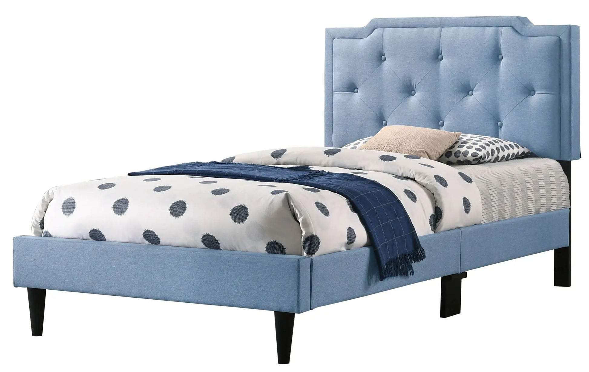 Blue button-tufted upholstered bed with tall headboard and black tapered legs on Tampa Home & Garden Store