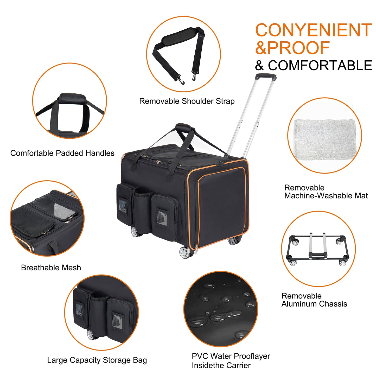 2 in 1 cat carrier-stroller for 2 cats with rolling wheels, black with orange trim HouseOfZazla on Tampa Home & Garden Store