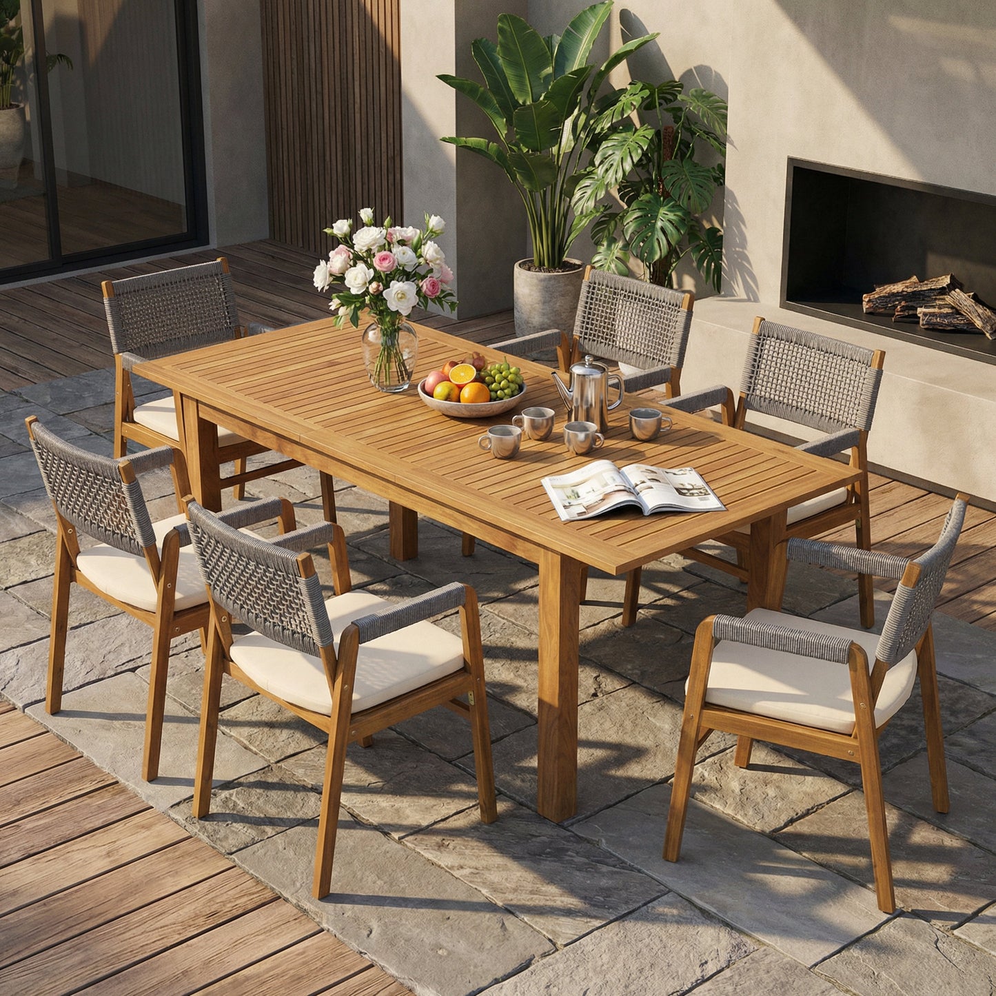 Outdoor 7-piece rustic acacia dining set with cushions, expandable table by HouseOfZazla on Tampa Home & Garden Store