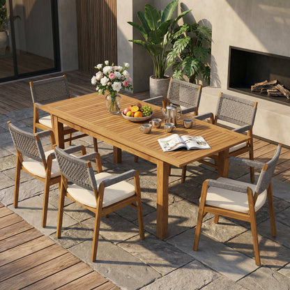 Outdoor 7-piece rustic acacia dining set with cushions, expandable table by HouseOfZazla on Tampa Home & Garden Store