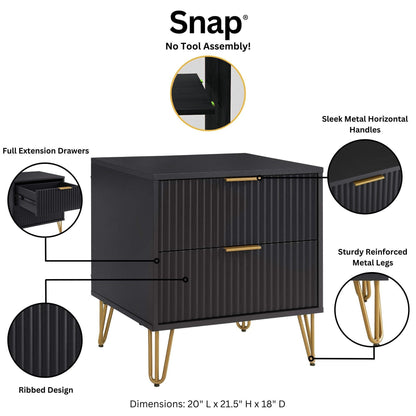 Dumbo Nightstand with 2 drawers, black ribbed front, gold metal legs, HouseOfZazla on Tampa Home & Garden Store