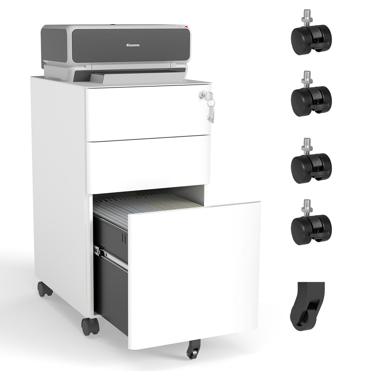 White 3-Drawer Mobile File Cabinet with Lock and Wheels, HouseOfZazla; Canon device on top on Tampa Home & Garden Store