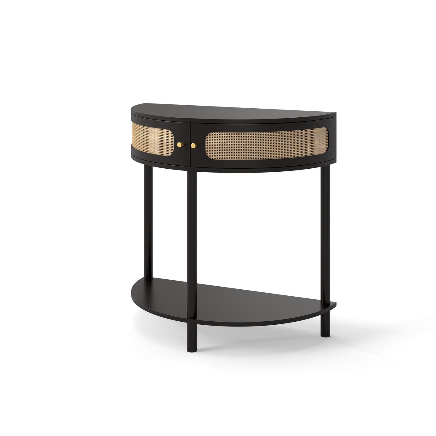 Boho rattan semi circle end table with sliding doors, storage and black finish by HouseOfZazla on Tampa Home & Garden Store