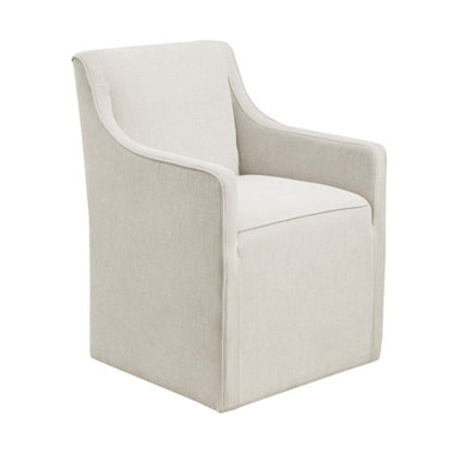Traditional skirted dining arm chair in beige fabric with curved arms on Tampa Home & Garden Store