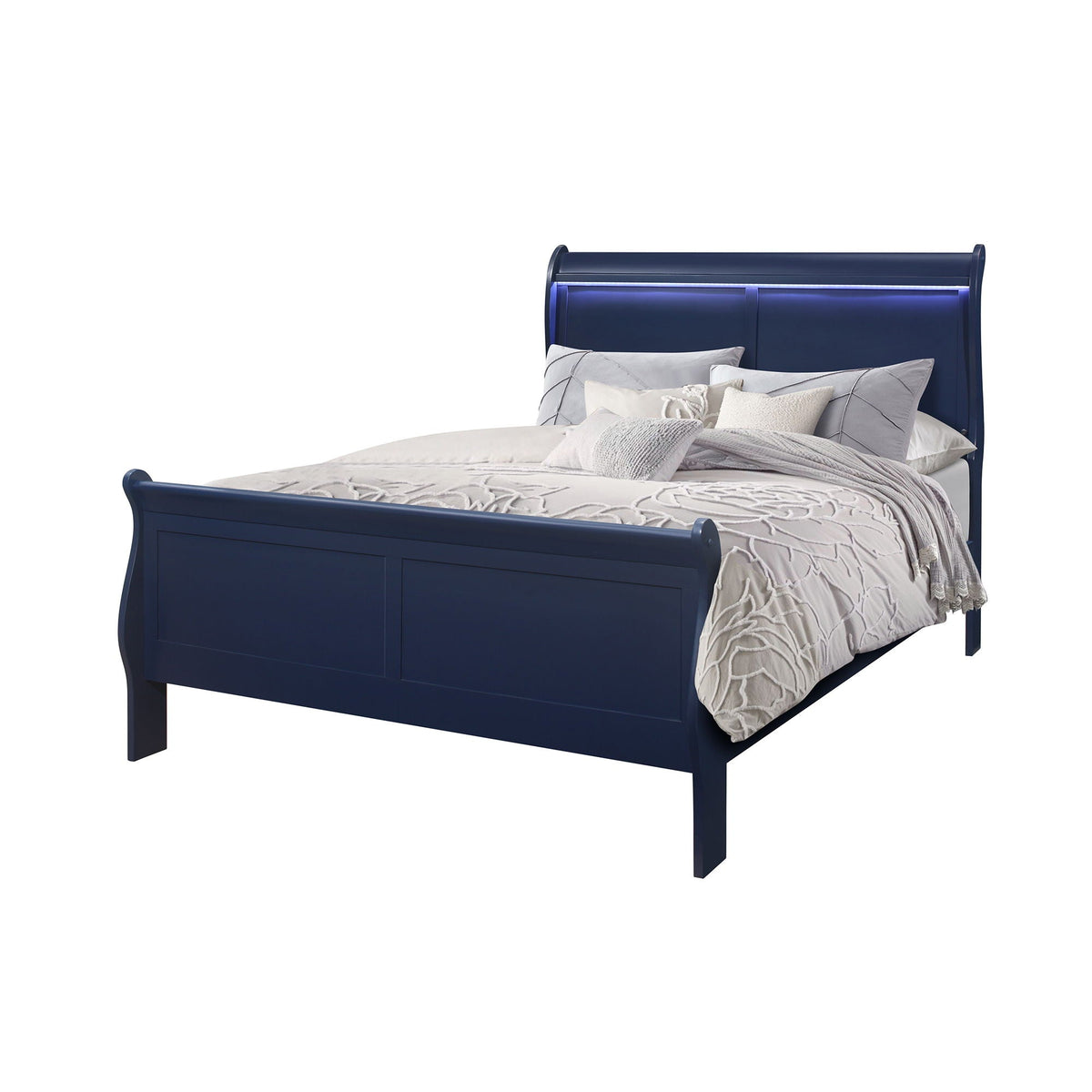 Charlston Modern Sleigh Bed with LED by HouseOfZazla, navy blue sleigh bed with LED headboard on Tampa Home & Garden Store